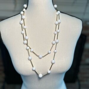Vintage Gold Tone Bar Necklace with Milk White Round Glass Beads 28”